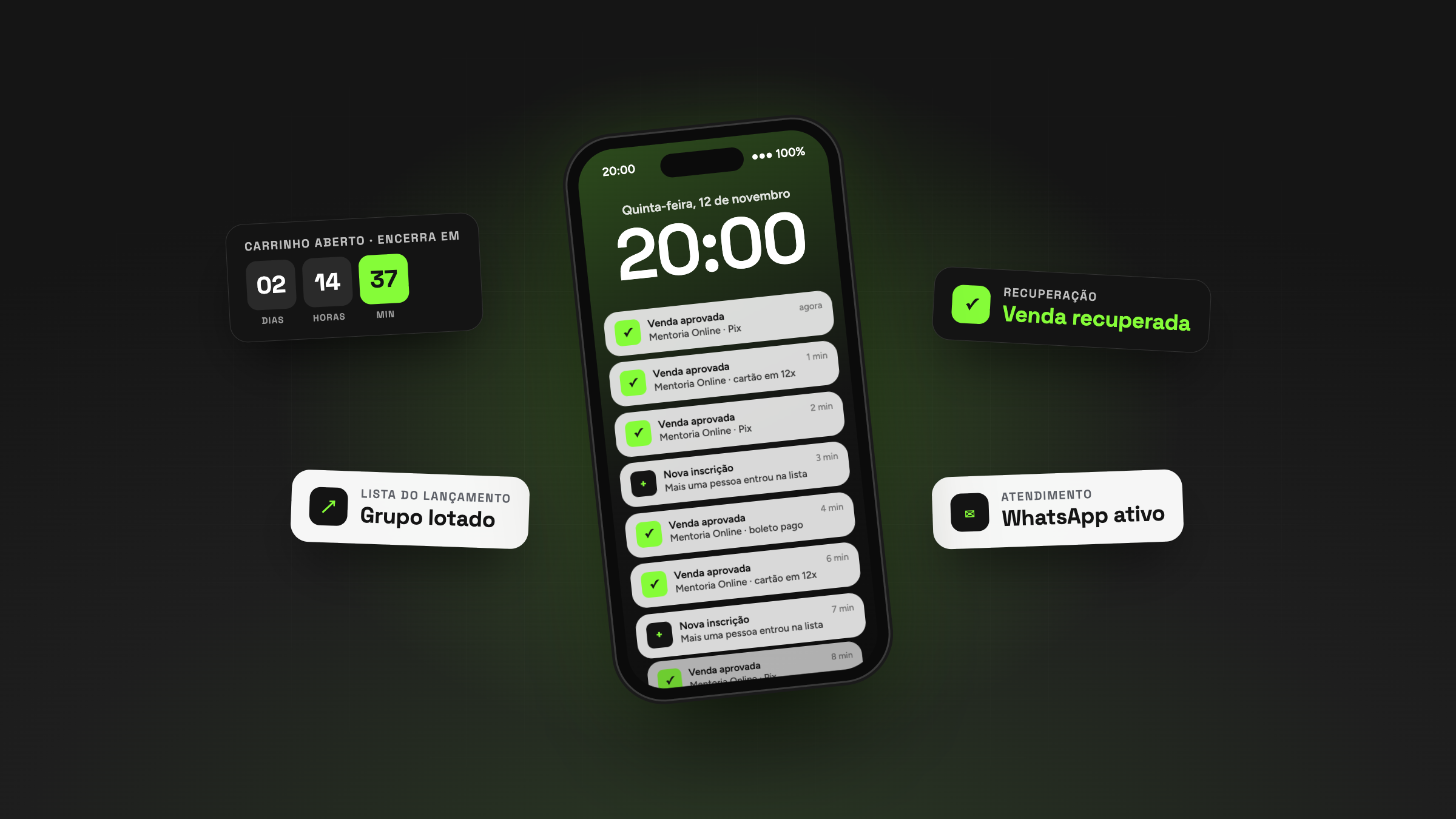 Tela de bloqueio do celular com notificações de vendas aprovadas e novas inscrições durante um lançamento, ao lado de um contador de carrinho aberto
