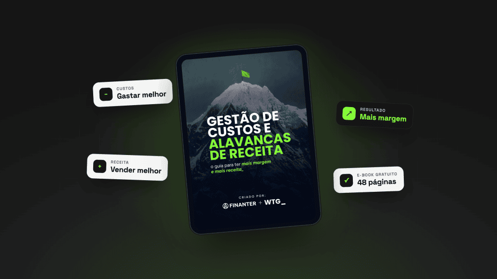 Tablet com a capa do e-book Gestão de custos e alavancas de receita, da Finanter e da WTG_, cercado por cartões de custo, receita e margem