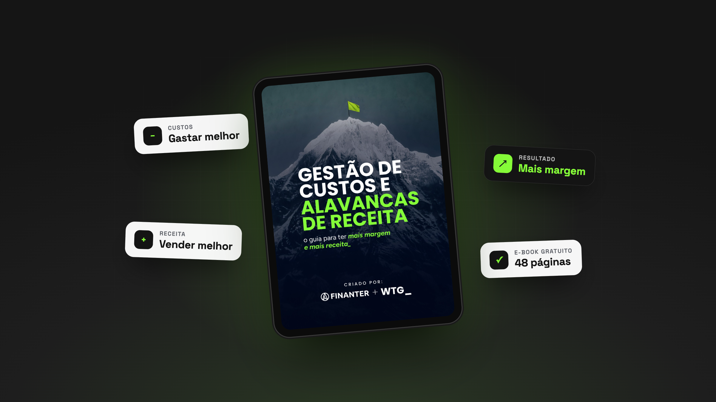 Tablet com a capa do e-book Gestão de custos e alavancas de receita, da Finanter e da WTG_, cercado por cartões de custo, receita e margem