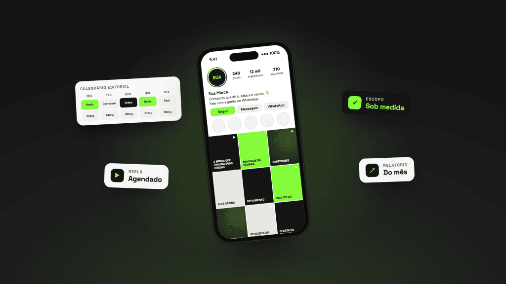 Celular com o perfil de uma marca nas redes sociais, ao lado de um calendário editorial com Reels, carrosséis e stories