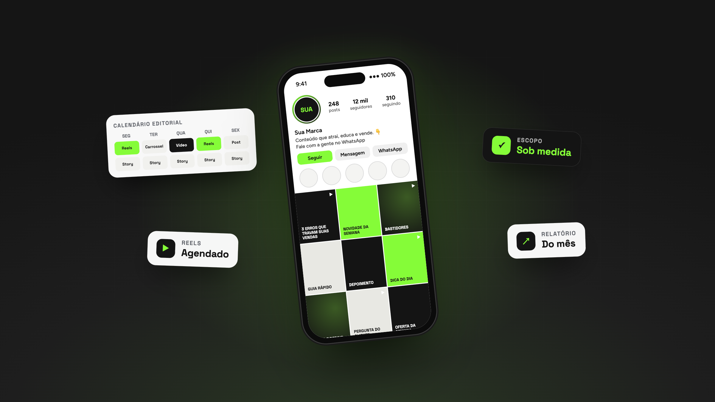 Celular com o perfil de uma marca nas redes sociais, ao lado de um calendário editorial com Reels, carrosséis e stories